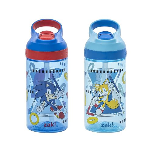 Zak Designs Sonic the Hedgehog Atlantic Kids Water Bottle For School or Travel, 16oz Durable Plastic Water Bottle With Straw, Handle, and Leak-Proof Spout Cover, 2-Pack (Sonic, Knuckles, Tails, Amy) - color: Sonic