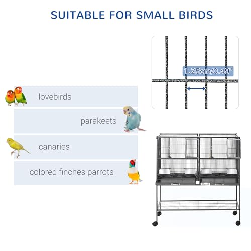 PawHut Divided Breeder Bird Cage with Rolling Stand Removable Metal Tray | Storage Shelf, Wood Perch, Food Container