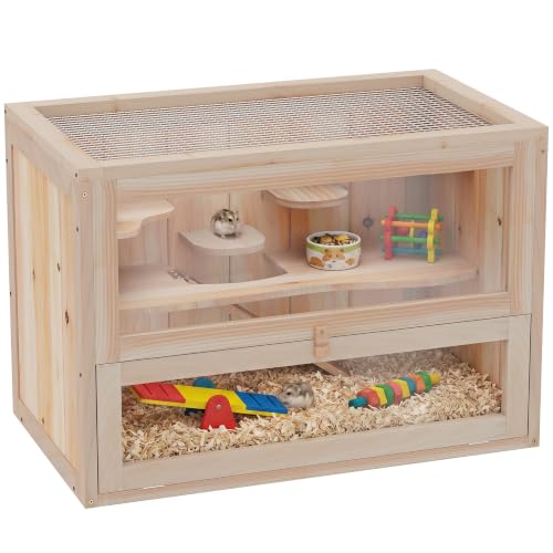 PawHut 2-Level Hamster Cage, Mouse Cage for Chinchillas, Natural | Mice and Rat House, Small Animal Habitat, Front Door, Shelf, Ladder, Openable Top - color: Natural Wood