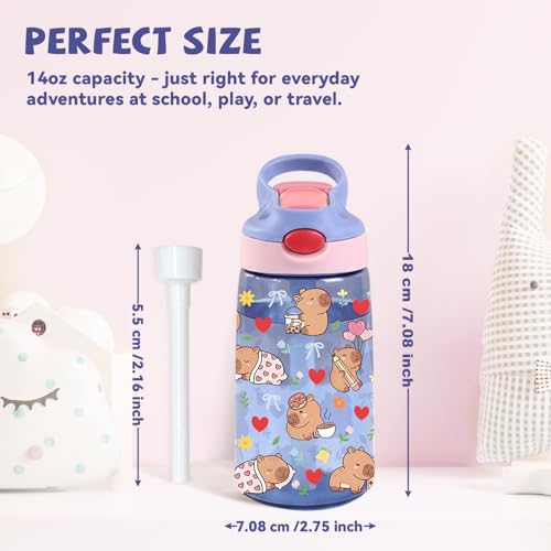 Kids Plastic Water Bottle - Cute Water Bottle for Kids, 14oz Plastic Water Bottles with Straw Lid, Leakproof BPA-Free Animal Water Bottles for Home Sports Travel, Pop-Up Straw Cover, Purple - color: Capy-bara