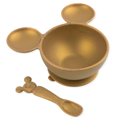 Bumkins Disney Baby Bowl, Silicone Feeding Set with Suction for Baby and Toddler, Includes Spoon, First Feeding Set, Essentials for Baby Led Weaning for Babies Eating 4 Months Up, Minnie Mouse Gold - color: D4 Mickey Mouse-Gld, style: Disney