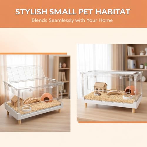 Extra Tall Foldable Clear Hamster Cage with Front Door, Deep Base Habitat for Thick Bedding & Burrowing, Easy Clean Wire Mesh Top Ventilation, Escape Proof Enclosure, 27.5x17x16 in - size: 27.5"L x 17.0"W x 16.0"H