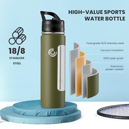 COKTIK 22oz Sports Water Bottle, Stainless Steel Water Bottle for Insulated, Reusable Travel Bottle, With Straw, With Handle Grip for Easy Carrying, Suitable for Cycling, Outdoor Vacations(Army Green) - color: Army Green, size: 22 Ounces