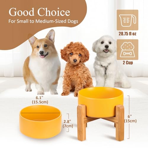 Yellow Ceramic Elevated Raised Cat Bowl with Wood Stand No Spill Pet Food Water Feeder Cats Small Dogs - color: Yellow, size: Medium Dog Bowls 850ML*1
