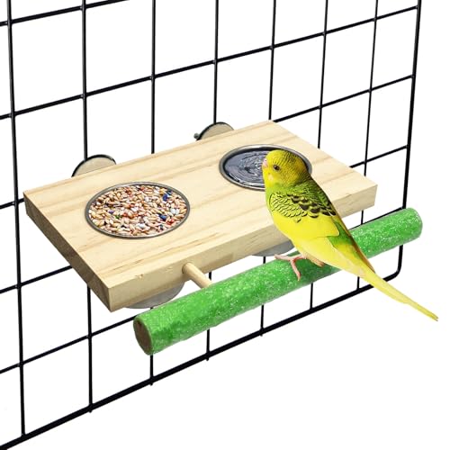 Bird Feeding Dish Cups with Wooden Platform | Hanging Stainless Steel Parrot Cage Feeder Bowl Wood Perch Stand for Parakeet Cockatiels Lovebirds Budgie (Medium) - size: Frosted perch (Color random)