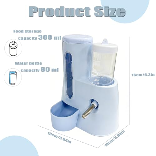 Hamster Water Bottle with Food Bowl,Hamster Cage Accessories 300ml+80ml | 2-in-1 Automatic Feeder and Water Bottle No Drip