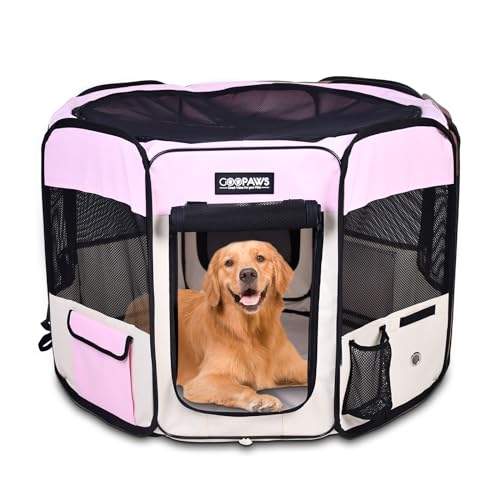 Jespet Soft Dog Playpen, Portable Pet Exercise Pen Kennel with Carry Bag | 2-Door, Easy to Fold, Ground Stakes, Zipper Locks, Large Storage Pocket, Washable Top Mesh Cover & Bottom Cover - color: Pink, style: 61x61x30 Inch (Pack of 1)