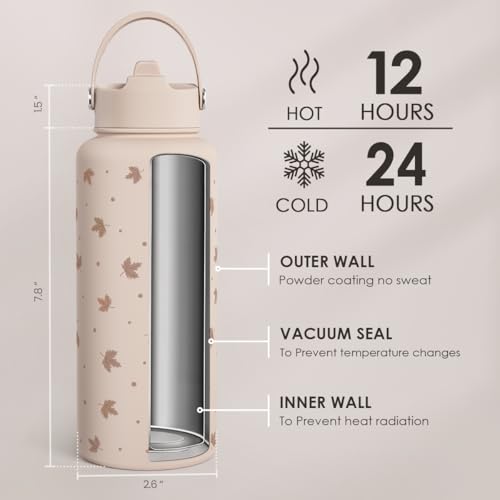 Maple Leaf Water Bottle 32oz Stainless Steel with Lid & Straw, Fall Insulated Bottles Gift for Women Girls, Autumn Gifts - color: Fall