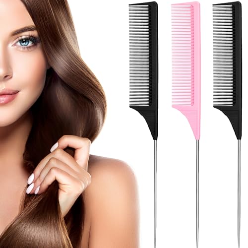 Leinuosen 3 Pack Rat Tail Comb Carbon Fiber,Pink, Black | Steel Pin Tail for Sectioning, Heat Resistant Teasing, Pick Comb for Women Wig Styling, Fishtail Design for Salon Updos - color: Pink, Black