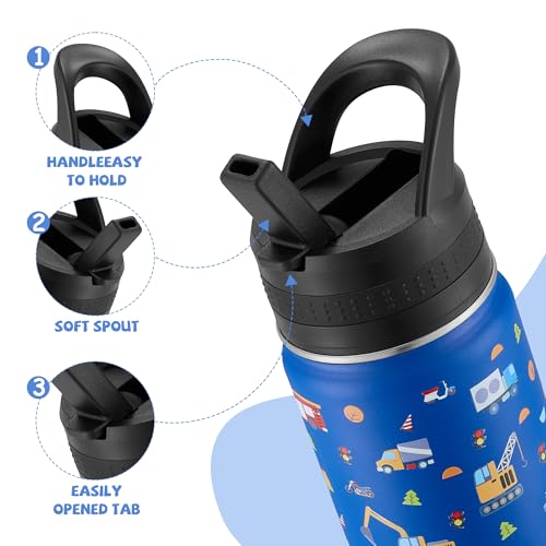 14 Oz Kids Water Bottle, Stainless Steel Water Bottle with Straws, Leak-Proof, BPA-Free, Insulated Water Bottles for School Boys & Girls|Blue Car - color: Blue cartoon car