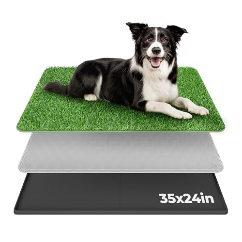 BurgeonNest Dog Grass Pad with Tray 35"x24", 3-Layer System with EVA Tray | Includes Reusable Artificial Grass, Absorbent Washable Pee Pad, Foldable Tray for Balcony, Apartment & Indoor/Outdoor Use - size: L-35''x24''