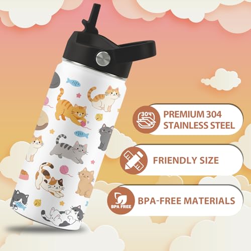 Cute Water Bottle with Straw Lid, 16 oz Cat Water Bottle, Cat Gifts | Stainless Steel Insulated Tumbler, Cute Cats Birthday Cups Gifts for Boys Girls Cats Lovers - color: Cats