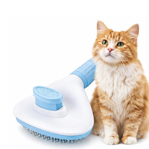 Cat Brush for Shedding, Self Cleaning Slicker Brush for Long Haired Cats, Deshedding Grooming Tool for Indoor Cats with Easy Release Button System (Blue)