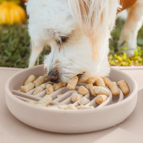 Slow Feeder Dog Bowls - Small Size Silicone Slow Eating Dog Bowl for Puppies & Dogs with Suction Cup -Dishwasher-Safe, Lick Mat Design, Reduces Gulping, for All Breeds, 6”x1.25”- Tan - color: Tan - Rainbow Design, size: Small (6” Across x 1.25” Tall)