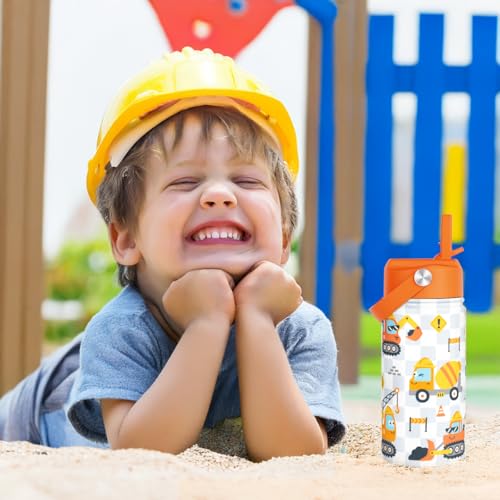Construction Kids Water Bottle With Straw Lid 12oz Insulated Stainless Steel, Truck Travel Tumbler, Gifts For Boys, Birthday, Christmas, Back To School - color: Construction 1