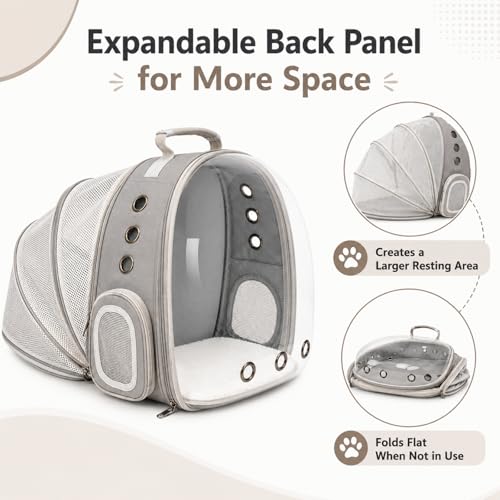 Expandable Cat Carrier Backpack with Bubble Window, Grey | Breathable mesh, anti-collapse frame, side door, safety leash and escape-resistant zippers for vet visits and outdoor travel. - color: Grey