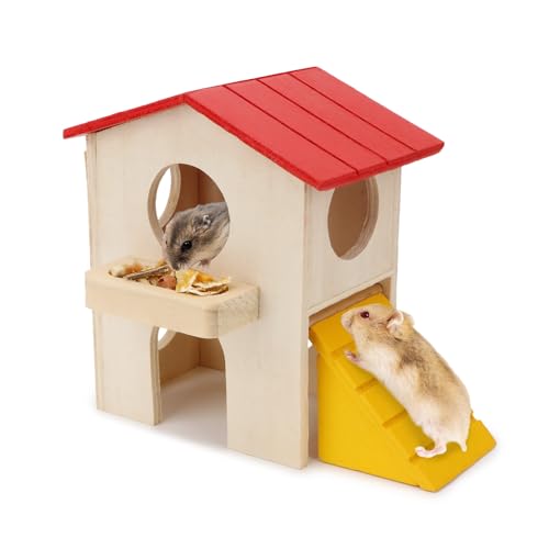 Hypeety Wooden Hamster Villa House & Maze Hideout Cage - Exercise Toys for Dwarf Hamsters, Gerbils, and Small Pets Natural Wooden Habitat with Climbing Accessories (Villa House) - color: Red