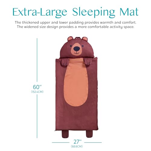 JOIEDOMI Kids Sleeping Bag 4 5 6 Year Old Girl Gifts Toddler Nap Mat with Pillow & Blanket 60" x 27" for Kids Ages 3+ Soft Plush Sleeping Mat for Preschool and Boys Girls - color: Brown Bear