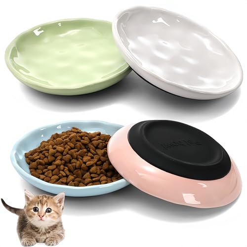4 Pack Cat Food Bowl, Ceramic Cat Wet Food Bowls for Indoor Cats, Anti Whisker Fatigue Kitten Feeding Plate, Shallow Dog Dishes with Silicone Bottom for Puppy, Rabbit, Small Pet