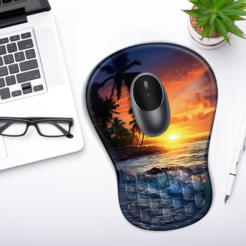 YIWEI Ergonomic Mouse Pad with Wrist Rest for Carpal Tunnel Pain Relief | Memory Foam Wrist Support,Non-Slip Rubber Base, Keyboard Computer Mousepad,Lycra Cloth Surface,Gaming Home Office - color: Sunset Beach
