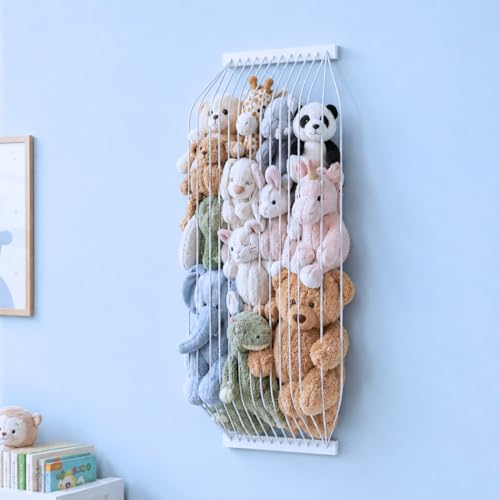 Stuffed Animal Storage Wood Soft Toy Storage for Kids Room，Wall Mount Door Hanging Stuffed Animal Toy Organizer Shelf for Nursery Play Room White -Patent - color: white Board+white Rope