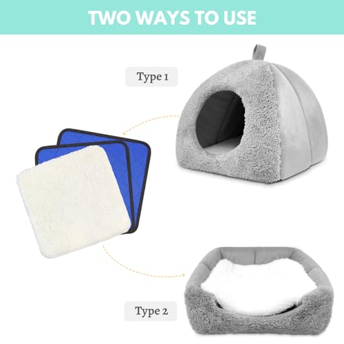 Guinea Pig Hideout Bed with 2 Absorbent Leak-Proof Bottom Pee Pad | Fleece Small Animal House, Washable Hide Hut for Dwarf Rabbit Chinchilla - color: Grey