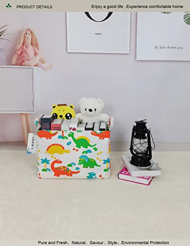 Rectangular Dinosaur Laundry Storage Bin for Adults and Kids | Damp resistant canvas fabric, sturdy stitched carry handles, foldable design organizes closet and playroom daily supplies - color: Dinosaur paradise