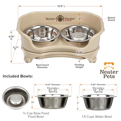 Neater Feeder Express Mess Proof Dog Bowls Elevated for Small Breed – Made in USA – No Spill Raised Slow Feeder Elevated Dog Bowl Stand, Stainless Steel Food and Water Bowl Set, Almond - color: Almond, size: Small w/ Metal Slow Feed Bowl