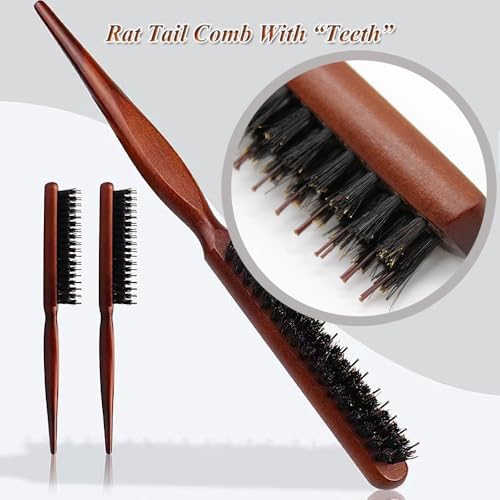 2 PCS Boar Bristle Hair Brush Set for Men Women Bristle Hair Brush for Slick Back Wet Hair and Beard Grooming Rat Tail Comb Teasing Comb Edge Beard Brush for Slicking Hairs (2PCS) - color: 2PCS