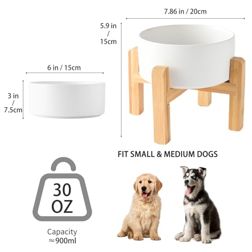 6'' Ceramic Raised Dog Bowl - 30Oz Dog Food & Water Bowl with Elevated Non-Slip Bamboo Stand, Dishwasher & Microwave Safe, Anti Vomiting Heavy Duty Pet Bowl for Small and Medium Dogs, White - color: 1 x Bowl + Stand - White, size: 6 inch