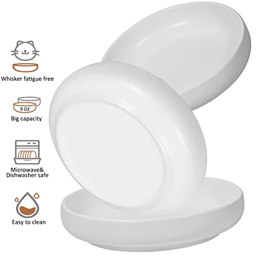 Ceramic Cat Bowls,Shallow Cat Dishes for Food and Water, 6 inch Matte Finish Wide Cat Food Bowl,Whisker Fatigue Free Pet Puppy Kitten Bowl Set of 3,Dishwasher Safe - color: White-3pack