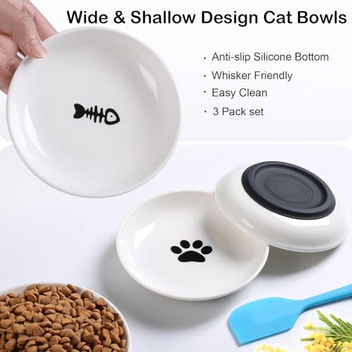 WROSWT Cat Food Bowl,Healthy Ceramic Cat Bowls for Indoor Cats,Anti Whisker Fatigue Cats Dishes Set,Shallow Wide Kitten Plates for Food and Water,Non-Slip Silicone Bottom,3 Pack - size: Shallower-3 Pack
