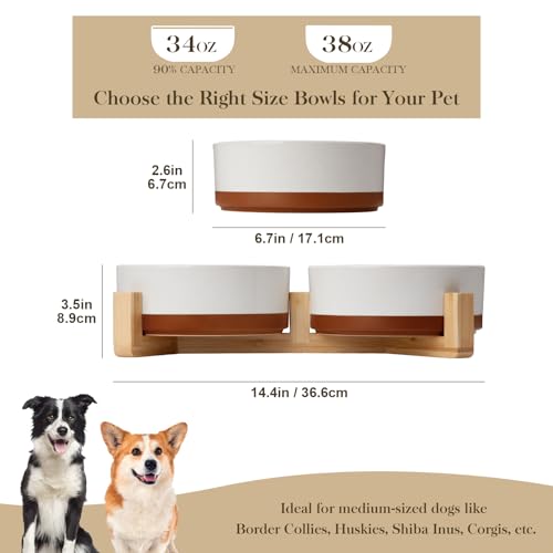 MALACASA Ceramic Dog Bowls Set with Wood Stand, 3.5 Cups Pet Bowls for Medium Dogs with Non-Slip Base, Large Puppies, Cats, Retrievers, ect.Pet Food & Water Basic Bowls Set, Weighted Glaze Matte.34 OZ - color: Vanilla White（2 PCS with Stand）, size: M-3.5