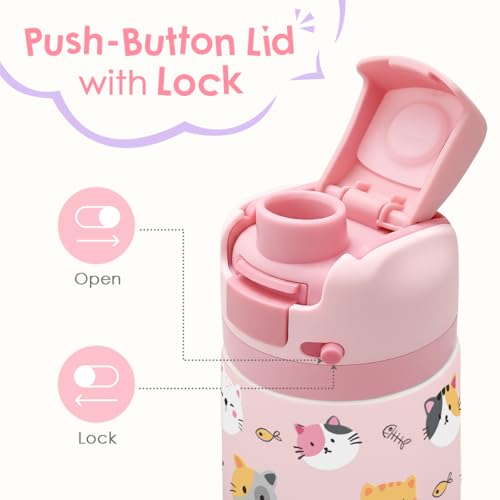 Cat Kids Insulated Stainless Steel Water Bottle 16 Oz, Travel Tumbler for School, Sports for Girls, Birthday, Back To School (Pink) - color: Cat 1