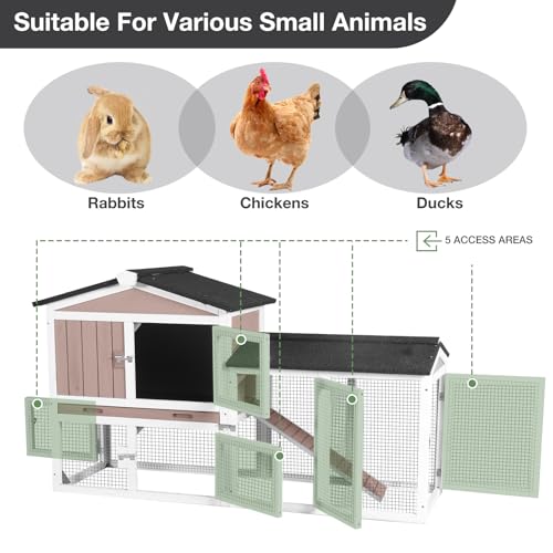 55'' Rabbit Hutch Indoor and Outdoor, Bunny Cage with Waterproof Roof and Deeper Leakproof Tray, Wooden Rabbit House with Anti-Chewing Ramp, Chicken Coops, Duck House (Brown) - color: Brown, size: 55.0"L x 21.3"W x 33.4"H