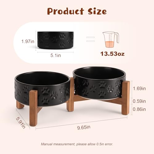 SPUNKYJUNKY Ceramic Elevated Dog Bowl Set with Acacia Wood Stand for Food and Water for Cats and Small Dogs (13.52 OZ, Black, Dog Paw Pattern) - color: Dog Paw Black, size: 13.52 Oz