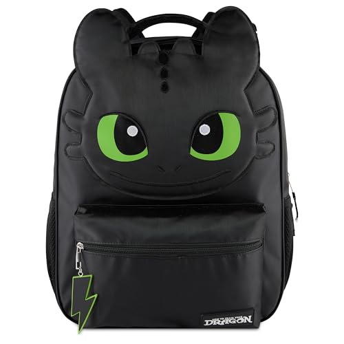 AI ACCESSORY INNOVATIONS How to Train Your Dragon Toothless Backpack, Black 16 Inch School Bag with 3D Face Applique, Green Eyes, Lightning Bolt Keychain, for Boys and Girls - style: Toothless