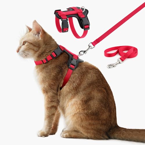 Plutus Pet Adjustable Cat Harness and Leash Set, with Leather Trim | Quick Release, Escape Proof Nylon Vest, for Kitten Small Medium Large Cats, Red - color: Red