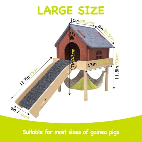 BESNEW 3 in 1 Enlarged Guinea Pig Hammock,Wooden Guinea Pig Hideout with House & Platform & Stairs Small Animal Toys for Hiding Sleeping Activities - color: Gray Roof