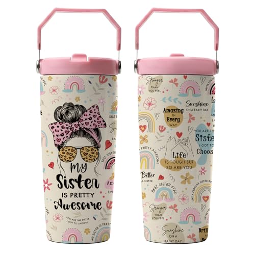 Sister 28 oz Tumbler, with Handle Lid Straw, Stainless Steel Cup | 28oz Insulated Tumbler, My Sister Is Pretty Awesome Travel Water Bottle, Thanksgiving Christmas Birthday Gift for WomenFamily - color: Sister