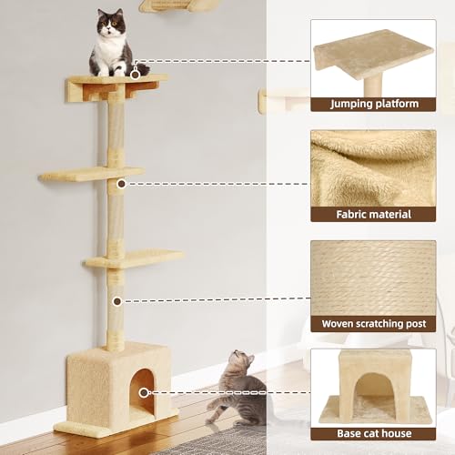 26-in-1 Cat Wall Shelves with Cat Tree, 40''L Tunnel, Moon, Beige | Wall Mounted Cats Furniture Set with Plush Fabric, Cat Climbing Systems for 16 Inch Drywall, with Scratching Posts, Bridge - color: Beige, size: 26-in-1