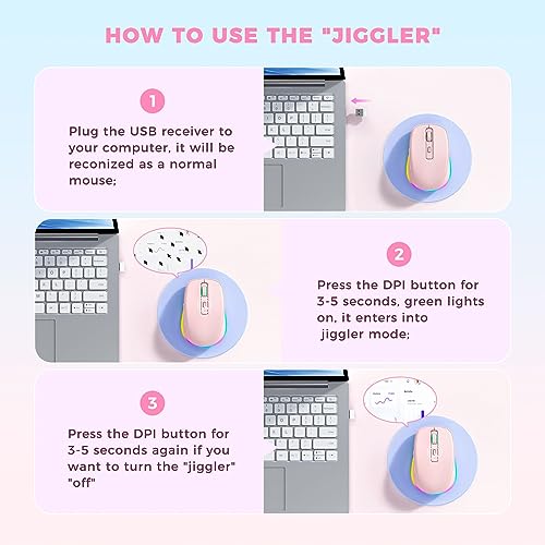 PEIOUS Wireless Mouse Jiggler, LED Mouse with Built-in Mouse Mover, Pink | Rechargeable, Silent Clicks, Adjustable DPI and Random Movement Keep Computers Awake for Work-Life Balance on Laptop/PC/Mac - color: Pink