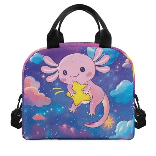 Yellow Star Axolotl Backpack for Girls Boys Bookbag with Lunch Box Water Bottle Sleeve with Strap and Big Pencil Case 5th Grade 4 in 1 Set Comfy Sturdy School Bag Compartment for Kids - color: Yellow Star Axolotl