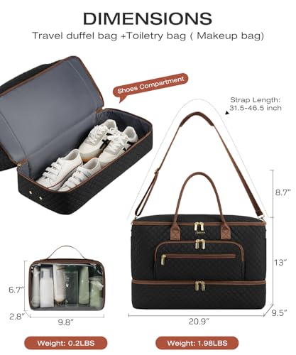 Travel Duffle Bag, Wide Open Large Weekender Bag for Women with Shoe Compartment, Carry on Overnight Bags with Toiletry Bag, Hospital Bag for Women Labor Delivery with Wet Pocket (Black Brown) - color: Black-Brown, size: 45L