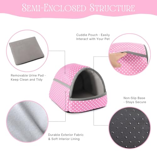 Guinea Pig Hideout with Cuddle Pouch - Washable Dwarf Rabbit Bed, Durable Fabric with Soft Lining - Small Animal Cage Accessories - Pink Dot - color: Pink