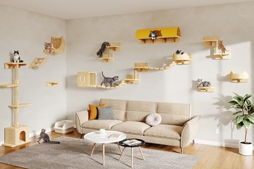 26-in-1 Cat Wall Shelves with Cat Tree, 40''L Tunnel, Moon, Beige | Wall Mounted Cats Furniture Set with Plush Fabric, Cat Climbing Systems for 16 Inch Drywall, with Scratching Posts, Bridge - color: Beige, size: 26-in-1