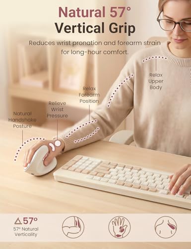 Ergonomic Vertical Wireless Mouse, 57°, Small/Medium Hands, Beige | Rechargeable, Quiet Click, 800/1200/1600 DPI, 2.4GHz USB Receiver, Forward/Back Buttons, Computer Mouse for Laptop PC Mac - color: Beige