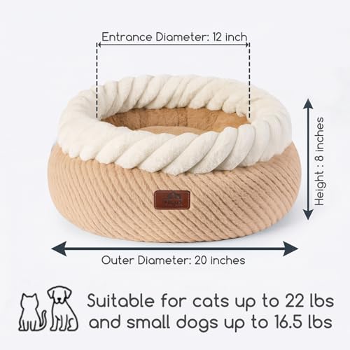 Hollypet Round Cat Bed Small Dog Beds with Detachable Cushion, Oatmeal | Cat Bed for Indoor Cats Washable Fluffy Small Dog Bed Cozy Plush Pet Beds with Non-Slip Bottom for Pets up to 22 lbs - color: Oatmeal and White