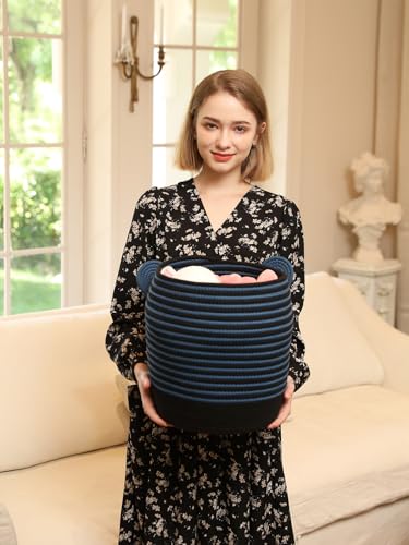 12x18 Inch Bee Basket with Lid, Handcrafted Cotton Rope Animal Storage Bin, Striped Bumble Bee Decor for Kids Bedroom Playroom, Blue - color: Blue Bee, size: 12"x18"