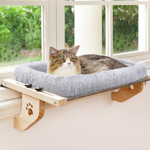 AMOSIJOY Cat Sill Window Perch Sturdy Hammock Window Seat with Cushion Bed Cover, Wood & Metal Frame for Large Cats, Easy to Adjust Cat Bed for Windowsill, Bedside, Drawer and Cabinet(Cushion Bed) - color: Gray, size: 24.4''L X 15''W